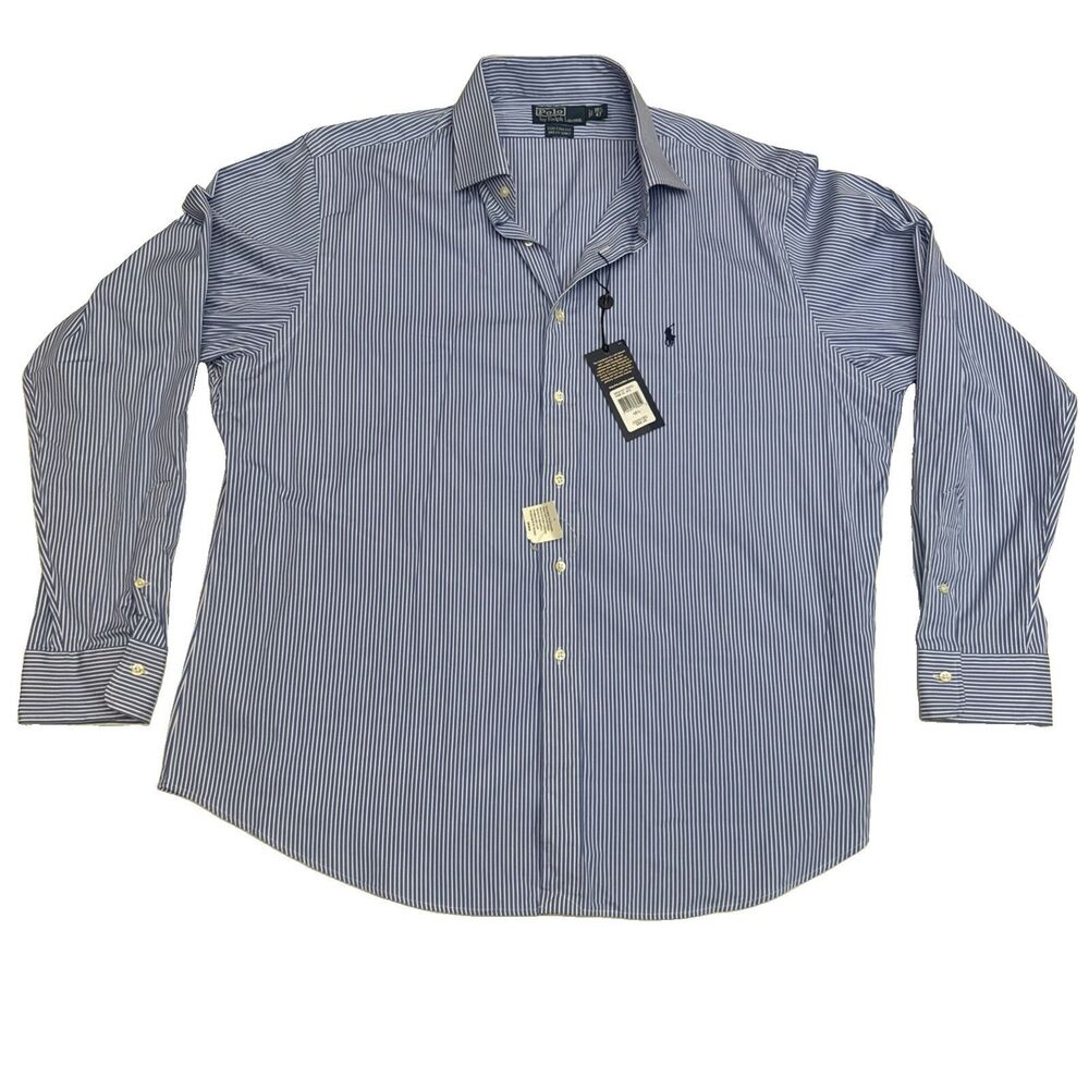 Ralph Lauren Polo Long Sleeve Shirt Men’s Size 18.5/47 Blue Stripe Navy Pony NEW